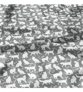 Bavlnená látka vzor biele mačky na šedom podklade, metráž 160 cm      