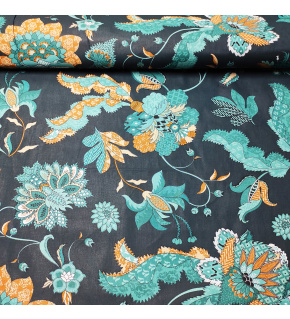 Bavlnená látka vzor kvetina Poviev žlutý, tmavozelený podklad