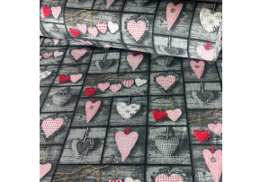 Bavlnená látka, vzor srdiečka, šedý podklad, metráž 160 cm
