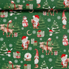 Vianočný vzor bavlnenej látky Snehuliaka na zelenom, metráž 160 cm 