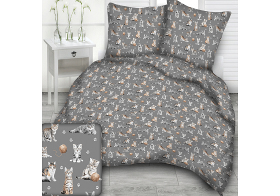 Bavlněné látky vzor Kočky a klubko na šedém