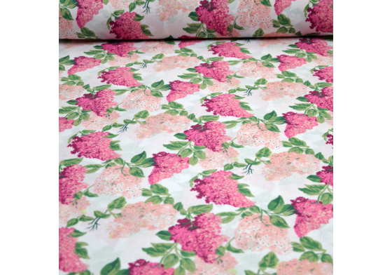 Dekorační dětská bavlněná látka vzor Větve šeříká růžové na bílém
