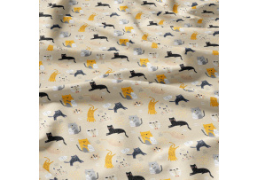  Bavlnená látka, vzor mačky milk na béžovom podklade, metráž 160 cm        