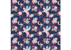 Bavlnená látka, vzor Jednorožce na granátovém podklade, metráž 160 cm 