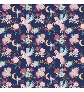 Bavlnená látka, vzor Jednorožce na granátovém podklade, metráž 160 cm 