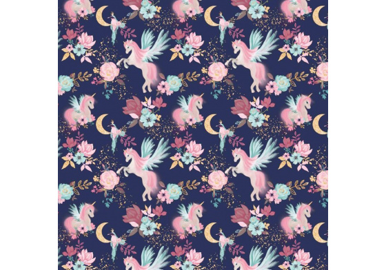 Bavlnená látka, vzor Jednorožce na granátovém podklade, metráž 160 cm 