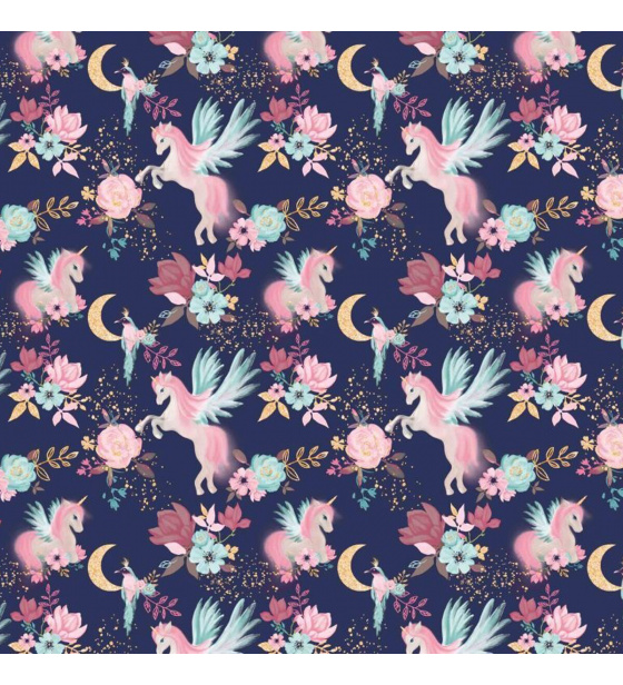 Bavlnená látka, vzor Jednorožce na granátovém podklade, metráž 160 cm 