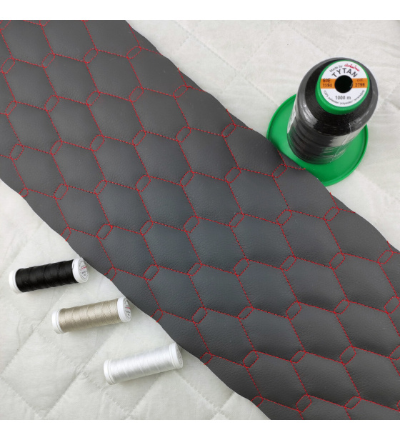 Ekokůže GEO barva Grafitovo - Červená prošívaná nitěmi, koženka metráž,