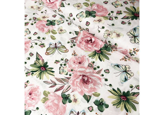 Dekorační dětská bavlněná látka vzor kytičky velké Růže na bílém