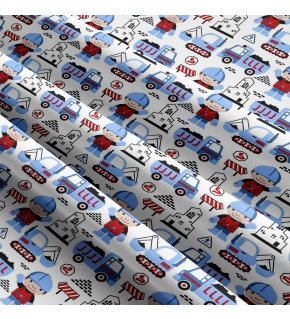 Bavlnená látka vzor budova, farba modá, metráž 160 cm