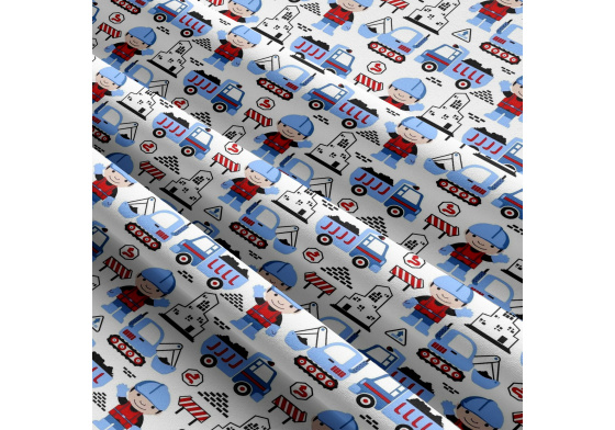 Bavlnená látka vzor budova, farba modá, metráž 160 cm