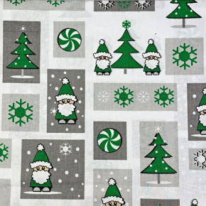 Vianočný vzor bavlnenej látky šedo-zelený, metráž 160 cm 