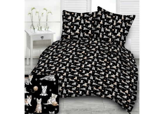 Bavlněné látky vzor Kočky a klubko na černém