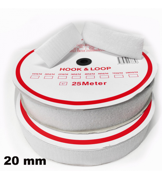 Pásik na suchý zips našívací, set háčika a služky, farba biela 20 mm x 25 bm