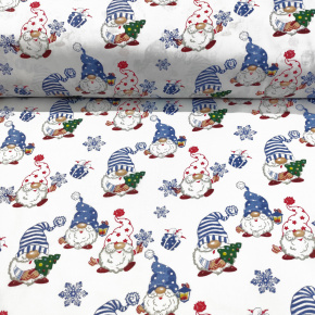 Vianočný vzor bavlnenej látky Škriaty Modrí na bielom, metráž 160 cm