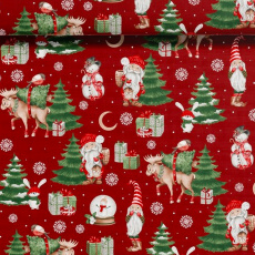 Vianočný vzor bavlnenej látky Snehuliaka na červenom, metráž 160 cm 