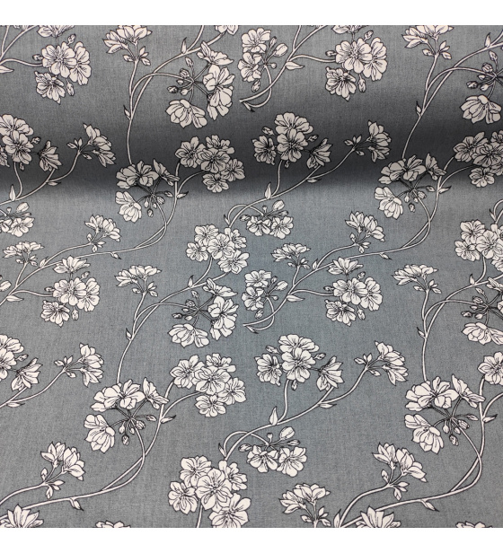 Dekorační dětská bavlněná látka vzor kytičky bílé na šedém