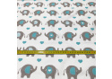 Tissu coton au métre couleur blanche eléphants et coeurs turquoise