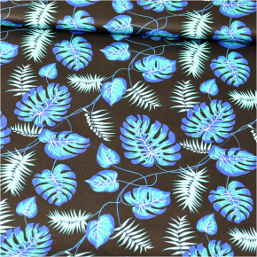Bavlnená látka vzor  kvetina palma modrá na čiernom podklade, metráž 160 cm       