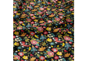  Bavlnená látka 101, vzor vtáky raja na čiernom podklade, metráž 160 cm  