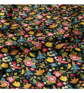  Bavlnená látka 101, vzor vtáky raja na čiernom podklade, metráž 160 cm  