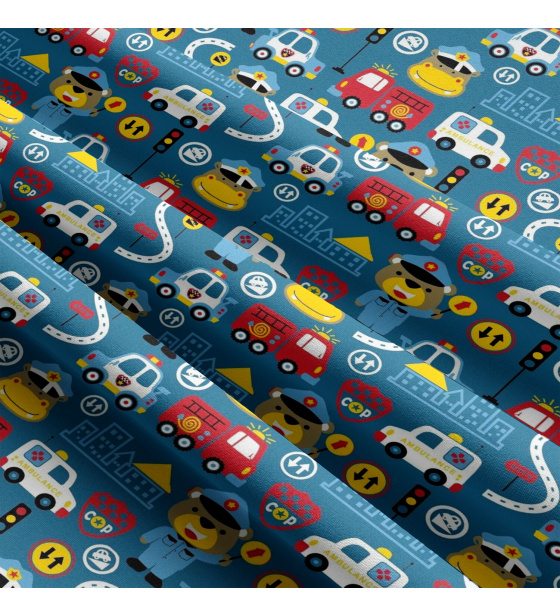 Bavlnená látka vzor autá sos, modrý podklad, metráž 160 cm 