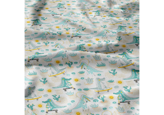 Bavlnená látka vzor modrí veselí krokodýli, biely podklad, metráž 160 cm       