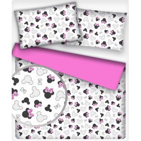  Bavlnená látka, vzor miky a ružové kokardy na bielom podklade, metráž 160 cm     