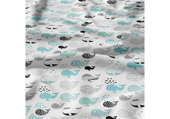 Bavlnená látka vzor veľryba, farba tyrkysová, metráž 160 cm     
