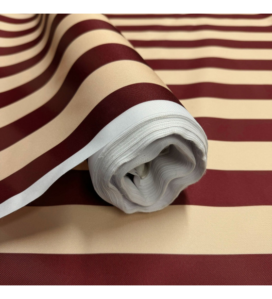 Látka do exteriéru na zahradné lehátka a húpacie siete, farba béžovo-bordová, prúžok 5 cm