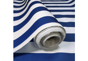 Látka do exteriéru na zahradné lehátka a húpacie siete, farba bielo-chabrová, prúžok 5 cm Látka do exteriéru na zahradné lehátka a húpacie siete, farba bielo-chabrová, prúžok 5 cm