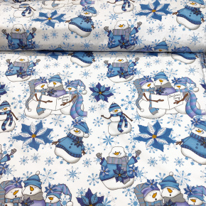 Vianočný vzor bavlnenej látky Snehuliaci Modrí na bielom, metráž 160 cm