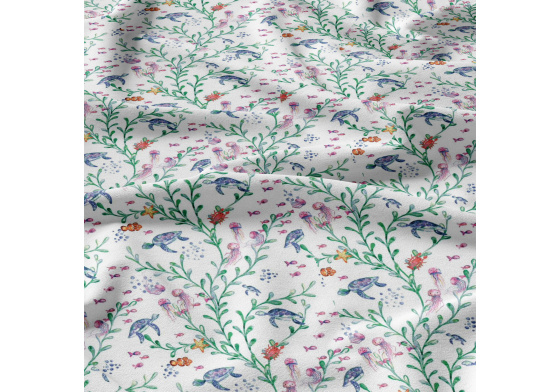 Bavlnená látka 68, vzor vodný svet, biela farba, metráž 160 cm   