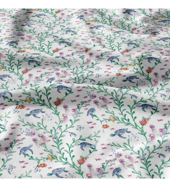 Bavlnená látka 68, vzor vodný svet, biela farba, metráž 160 cm   