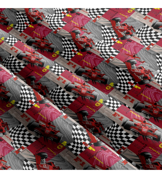 Bavlnená látka vzor sport F1, šedý podklad, metráž 160 cm 