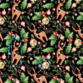 Vianočný vzor bavlnenej látky Jeleň v čiernom, metráž 160 cm