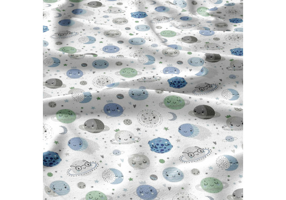 Bavlnená látka vzor Svet Planét modrý na bielom