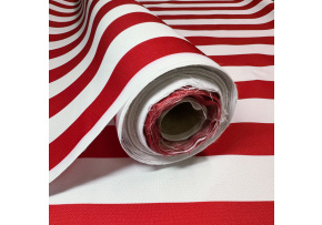 Látka do exteriéru na zahradné lehátka a húpacie siete, farba bielo-červená, prúžok 5 cm Látka do exteriéru na zahradné lehátka a húpacie siete, farba bielo-červená, prúžok 5 cm