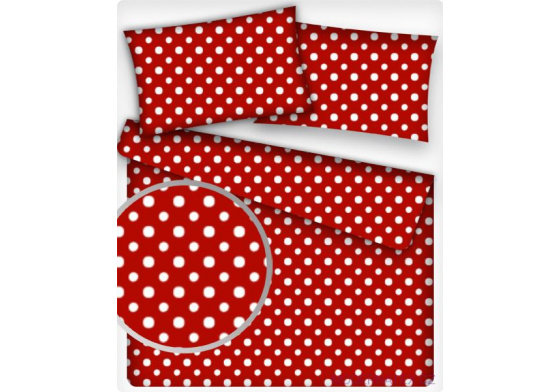 Dětské bavlněné látky vzor Puntík 7 mm bílý červený podklad, metráž