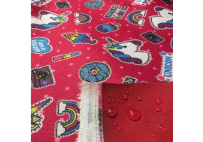 Nepremokavá látka Kodura Jednorožec, farba červená, metráž 150 cm