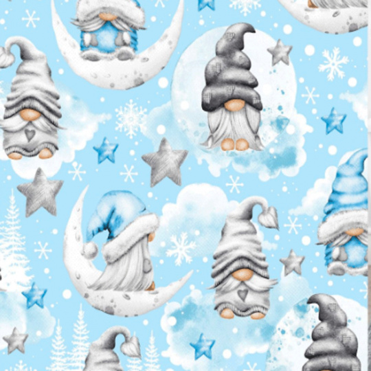 Vianočný vzor bavlnenej látky škriatok na modrej, metráž 160 cm