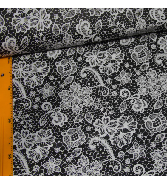 Dekorační dětská bavlněná látka vzor Krajka bílé na černém