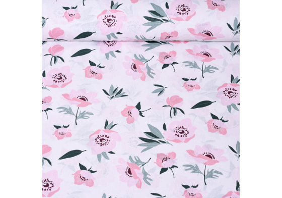 Dekorační dětská bavlněná látka vzor Divoký mák šedé  na bílém