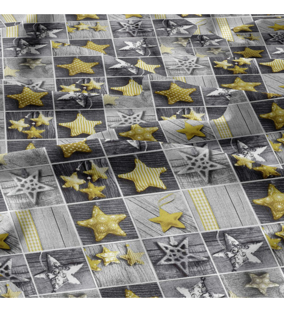 Vánoční bavlněná látka, metráž, šíře 160 cm, Vánoční ozdoby hvězdy Žluté na Šedém