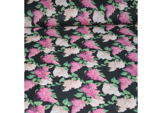 Dekorační dětská bavlněná látka vzor Větve šeříká růžové na černém