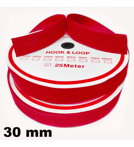 Pásik so suchým zipsom, set háčika a slučky, farba Červená 30 mm, balenie 25 m