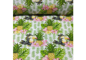 Bavlnená látka vzor papagáj a ananás, farba biela, metráž 160 cm 
