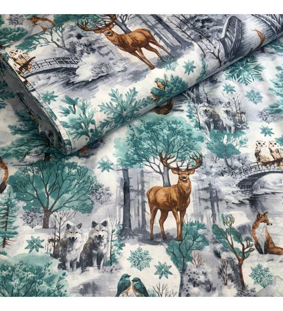 Vánoční bavlněná látka, metráž, šíře 160 cm, vzor Příroda Zelená na Bílém