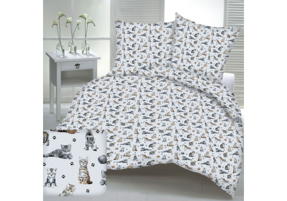 Bavlněné látky vzor Kočky a klubko na sv. šedém