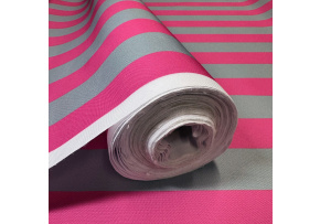 Látka do exteriéru na zahradné lehátka a húpacie siete, farba šedo-ružová, prúžok 5 cm Látka do exteriéru na zahradné lehátka a húpacie siete, farba šedo-ružová, prúžok 5 cm